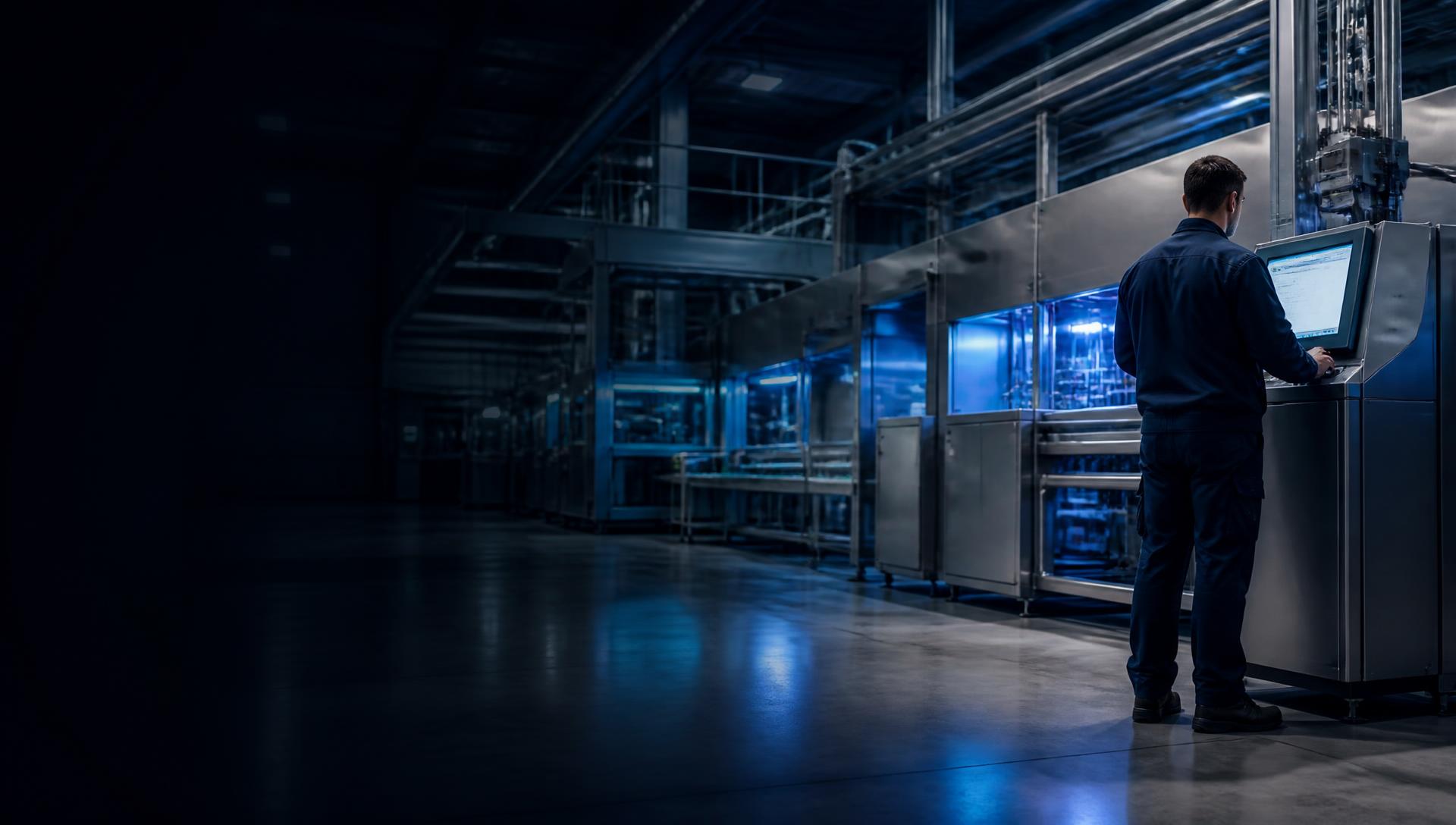 Engineer walking through a modern industrial production hall at shift change